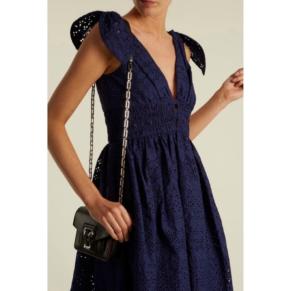 Self-Portrait | Deep V-Neck Broderie-Anglaise Dress in Navy Size 8 - Picture 2 of 15